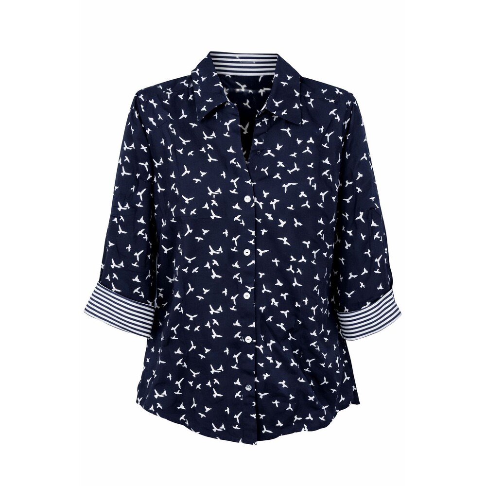 Foxcroft Easy Care Shirt Medium Navy Bird Print 3/4 Sleeve Button Down